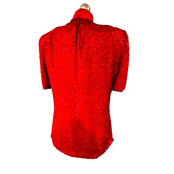 Vintage Laurence Kazar red silk top with beaded design Size S short sleeves - Picture 4 of 13